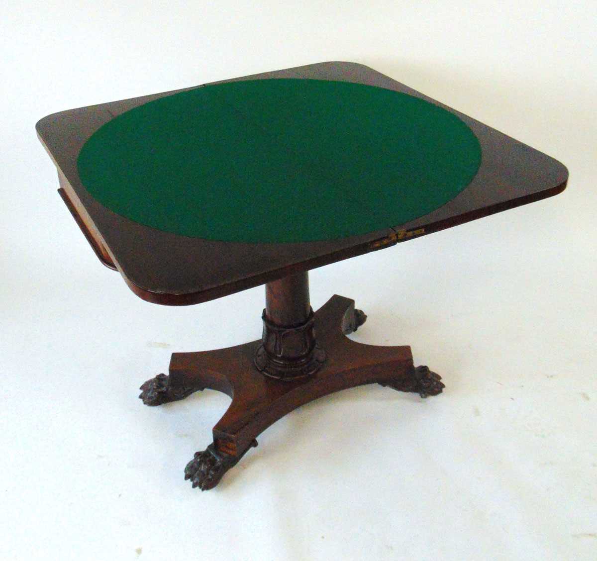 An early 19th century rosewood card table, with turn over top, on a plain column with tongue - Image 5 of 6