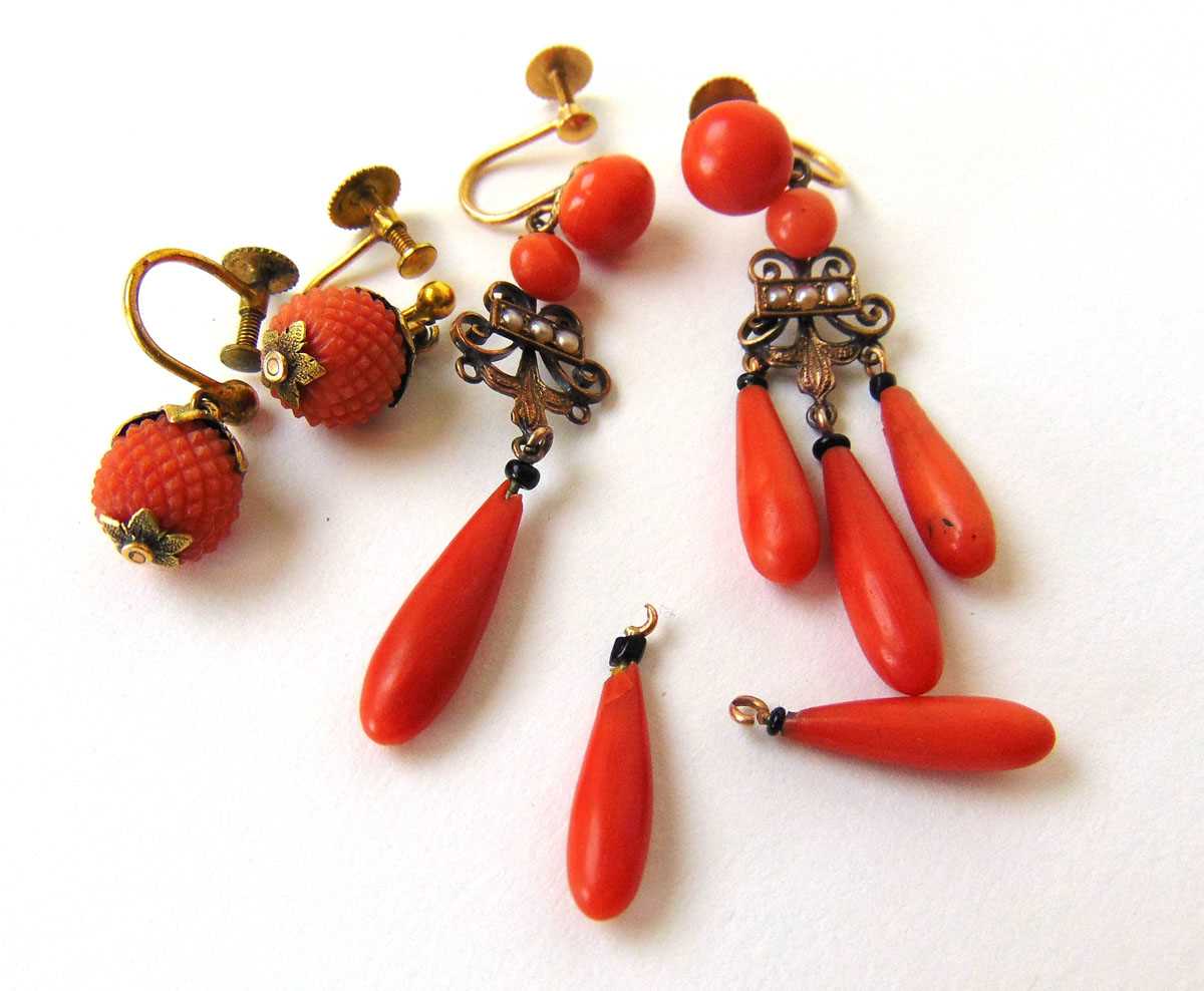 A pair of Victorian yellow metal, coral and seed pearl drop earrings marked '9ct' to fittings - Image 2 of 2