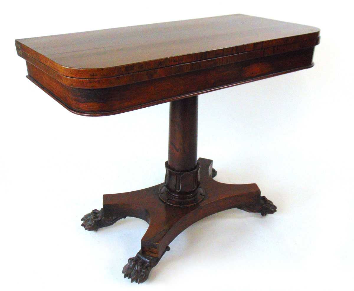 An early 19th century rosewood card table, with turn over top, on a plain column with tongue - Image 3 of 6