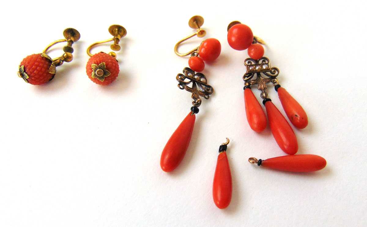 A pair of Victorian yellow metal, coral and seed pearl drop earrings marked '9ct' to fittings