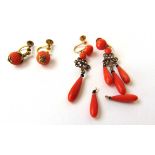 A pair of Victorian yellow metal, coral and seed pearl drop earrings marked '9ct' to fittings