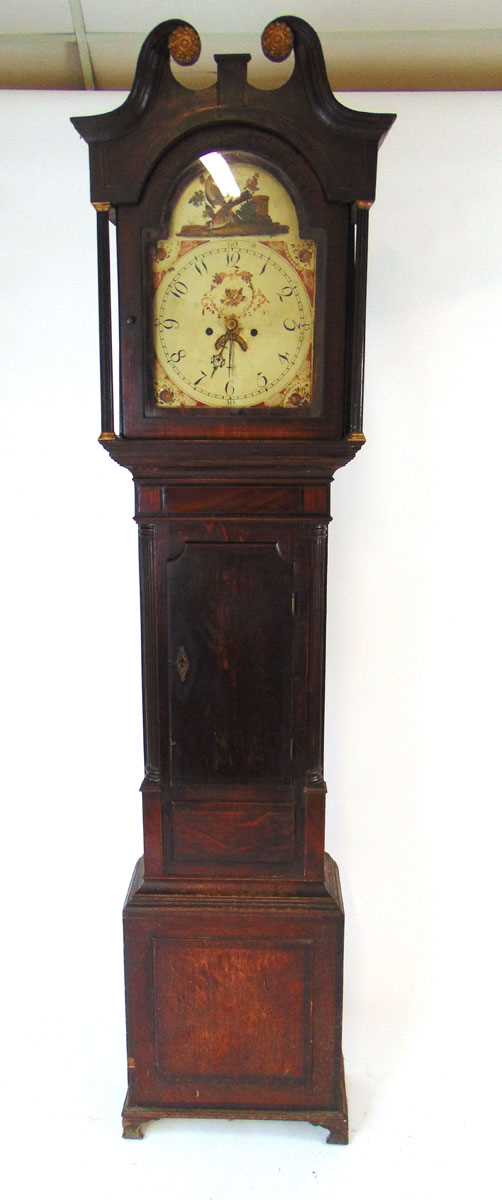 A late 18th century oak and mahogany longcase clock, the painted arch dial with calendar wheel and - Image 2 of 3