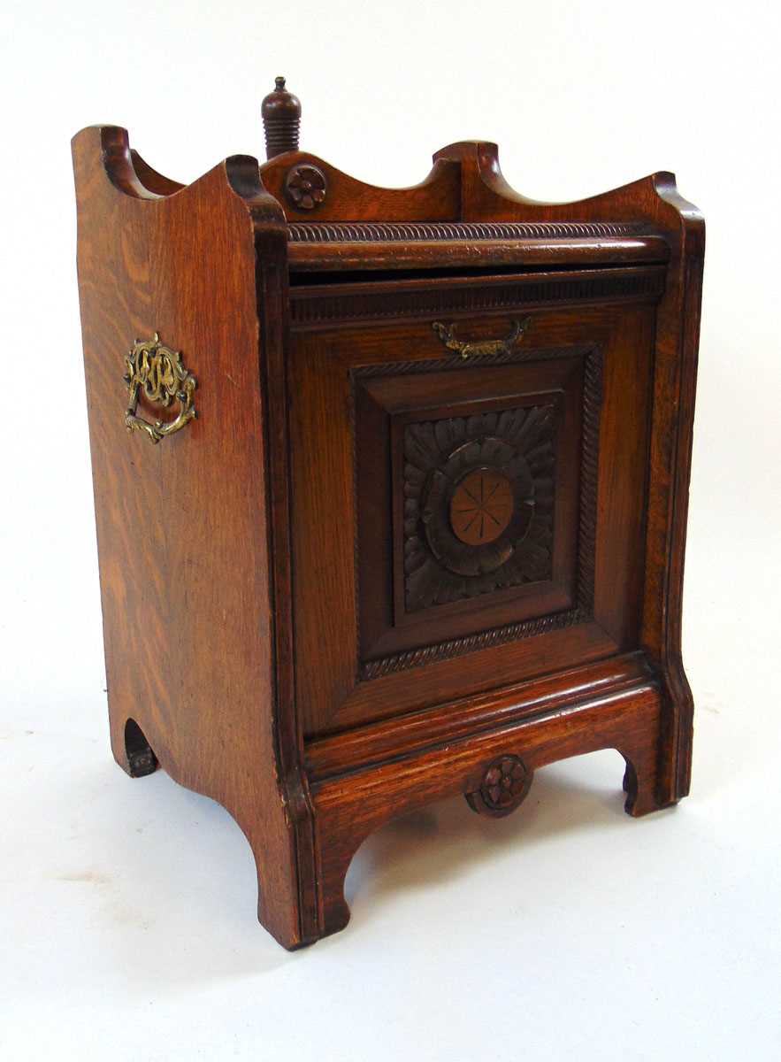 A Victorian Aesthetic period carved oak purdonium, with cast brass handles, 35cm wide, 50.5cm high - Image 3 of 5