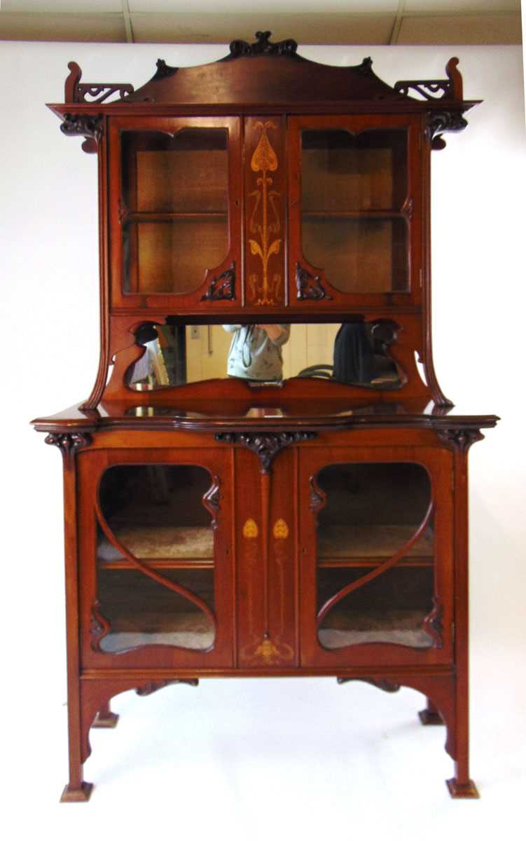 An Art Nouveau mahogany and inlaid display cabinet, the shaped glazed doors flanked by sinuous, - Image 2 of 5
