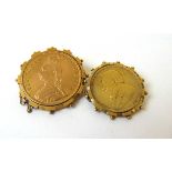 A gilded 1890 double florin mounted as a brooch together with a similarly mounted 1896 South