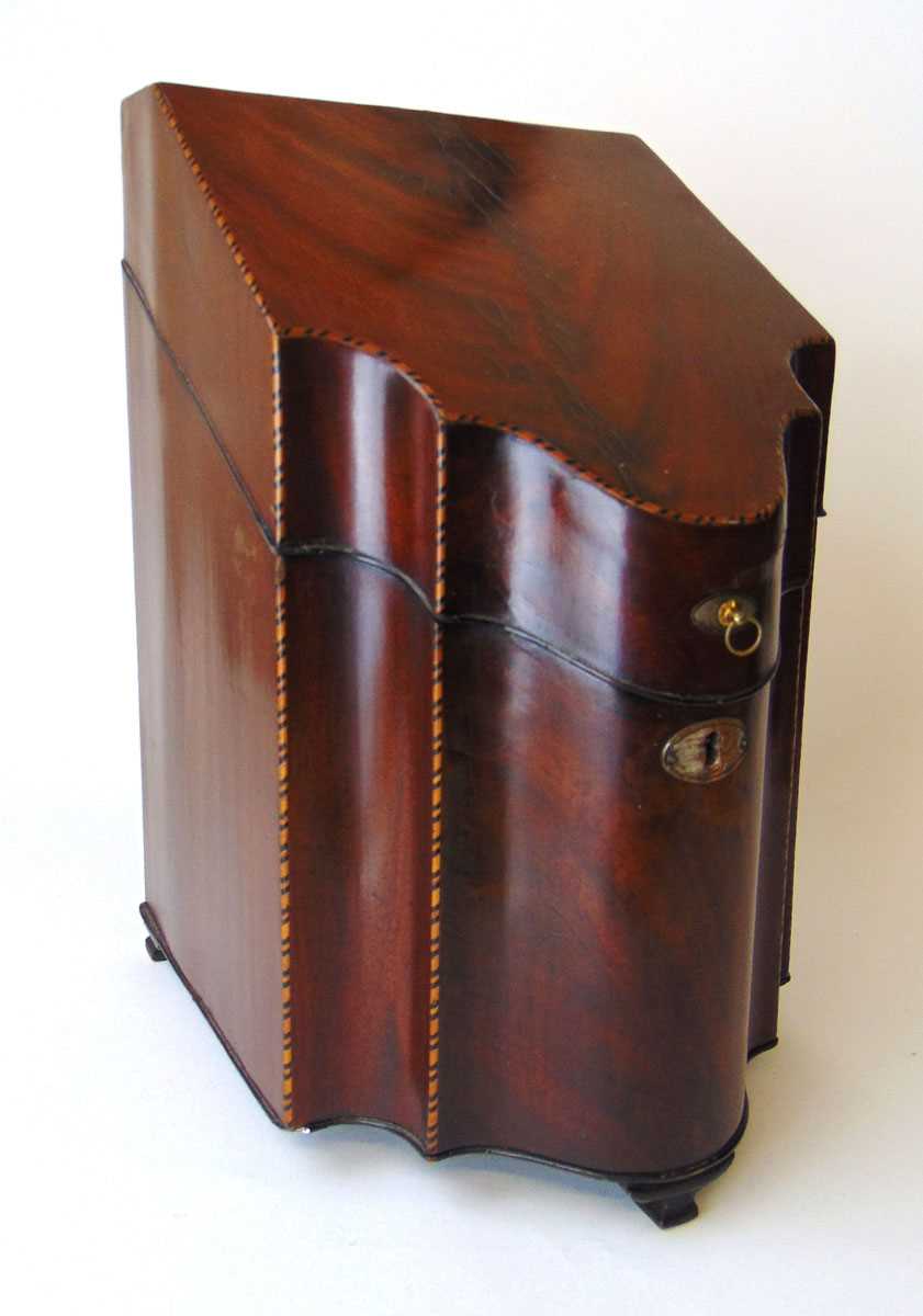 A George III mahogany and inlaid knife box, with serpentine front and fitted interior, with silver - Image 2 of 4