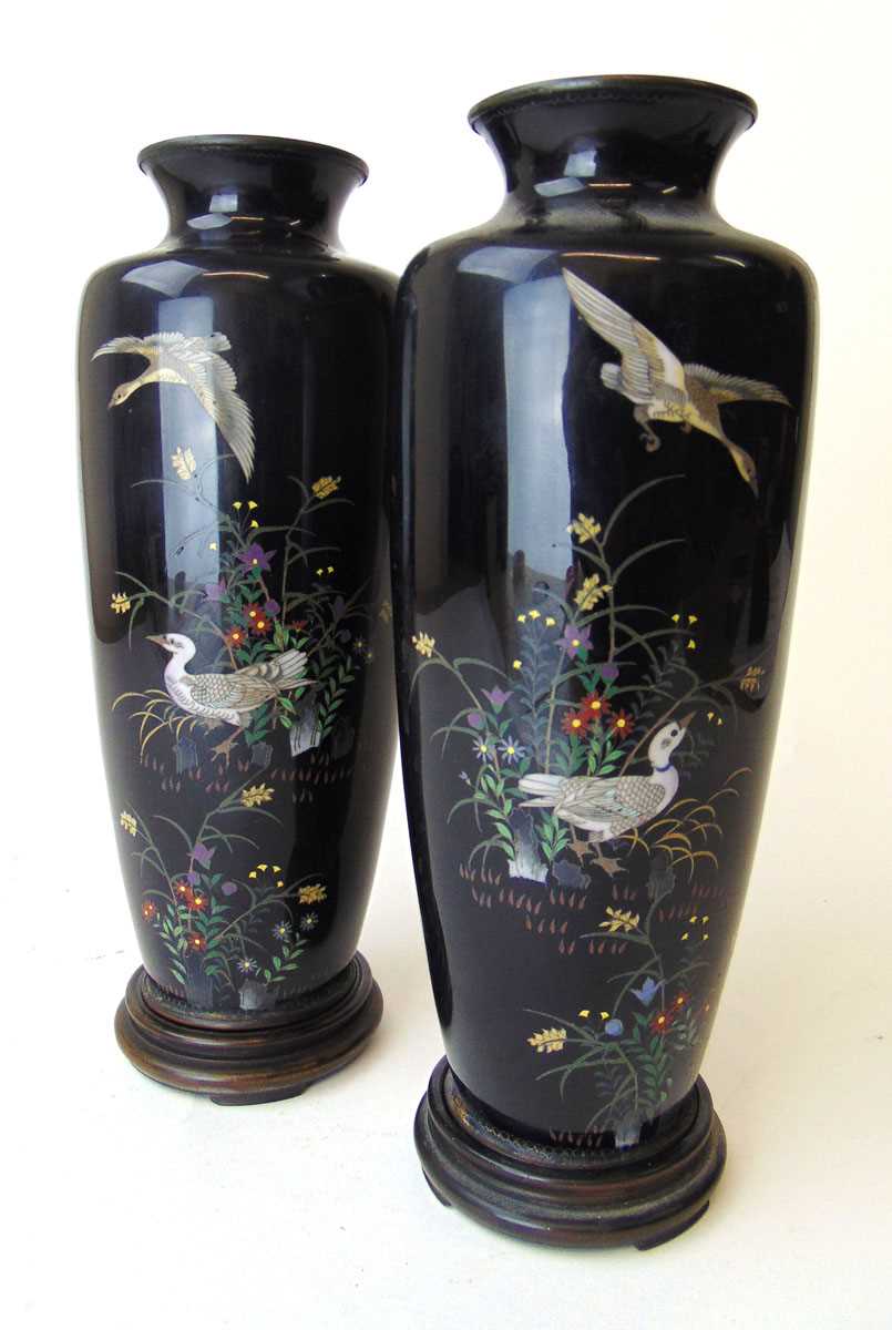 A pair of Japanese cloisonne vases, late Meiji/early Taisho, decorated with geese within