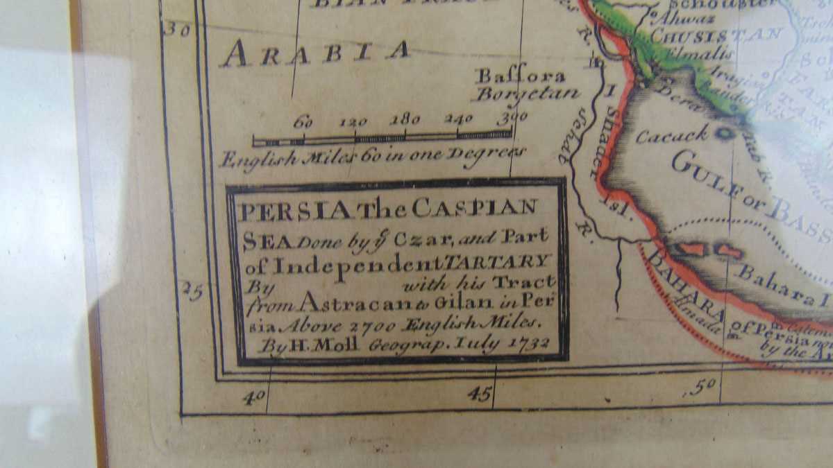 Herman Moll, Persia The Caspian Sea, hand coloured engraving, 1732, plate 24.5cm x 26cm - Image 2 of 2