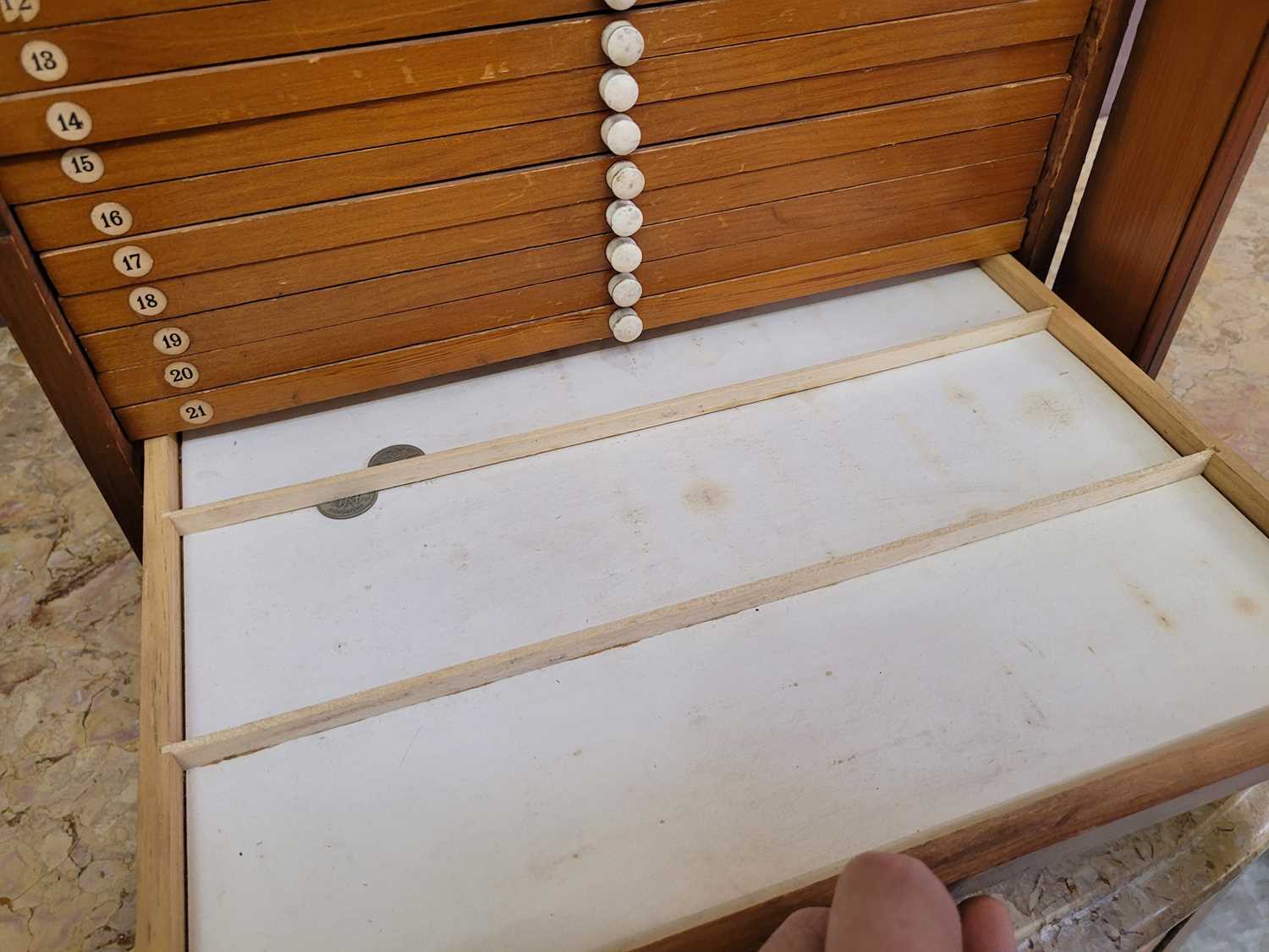 A Victorian collectors cabinet, the stained pine case with glazed door enclosing twenty nine shallow - Image 8 of 10