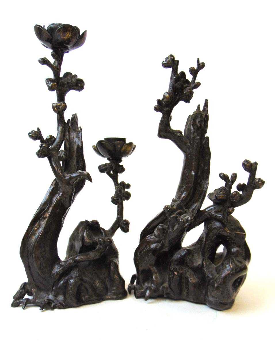 A close pair of Chinese style bronze candlesticks, 19th/20th century, of naturalistic form with a - Image 2 of 9