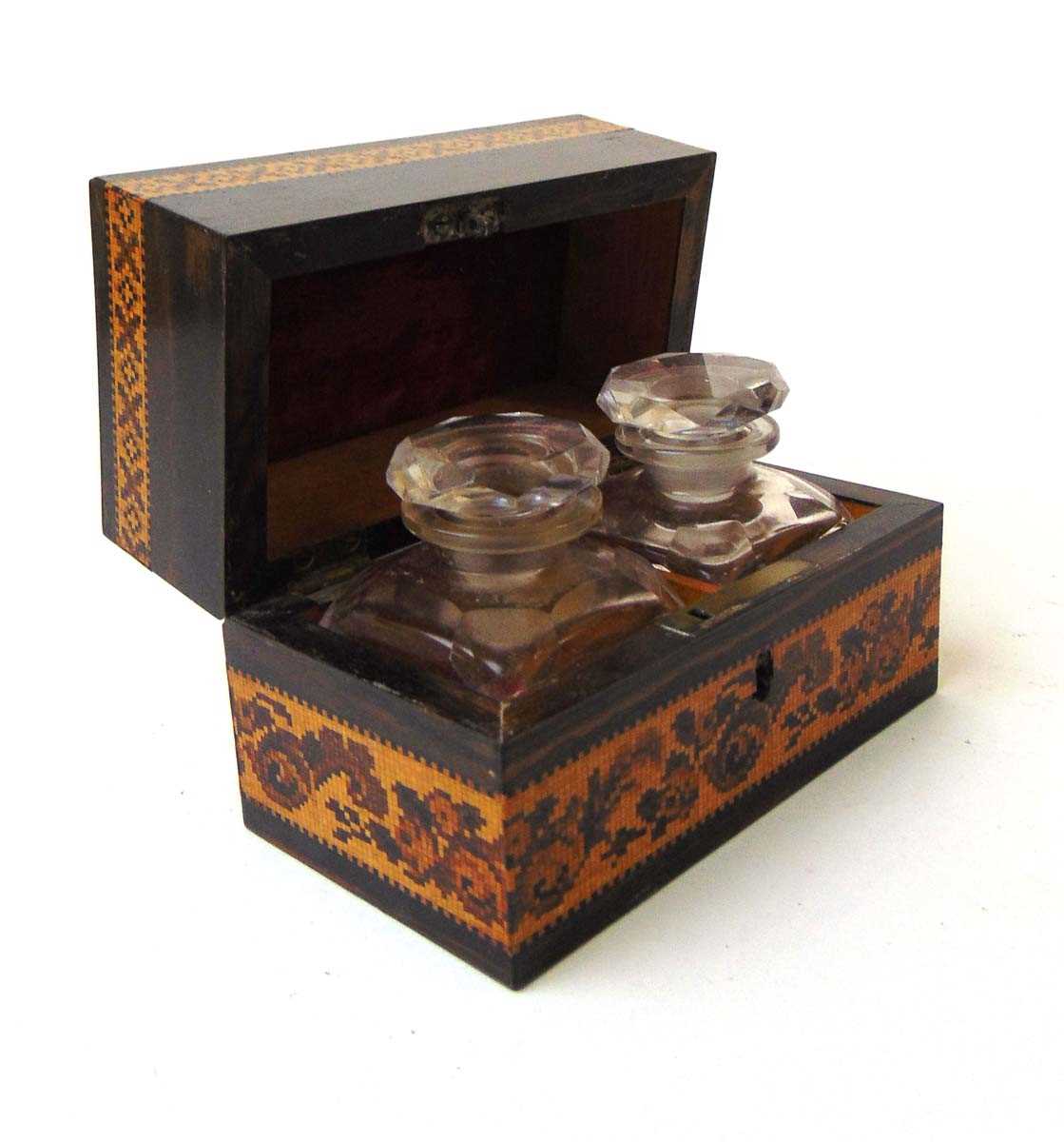 A 19th century Tunbridge ware scent bottle box, containing two glass bottles with stoppers, - Image 3 of 4