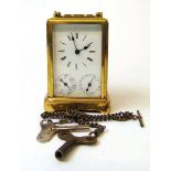 A French brass cased calendar carriage clock timepiece, late 19th/early 20th century, with