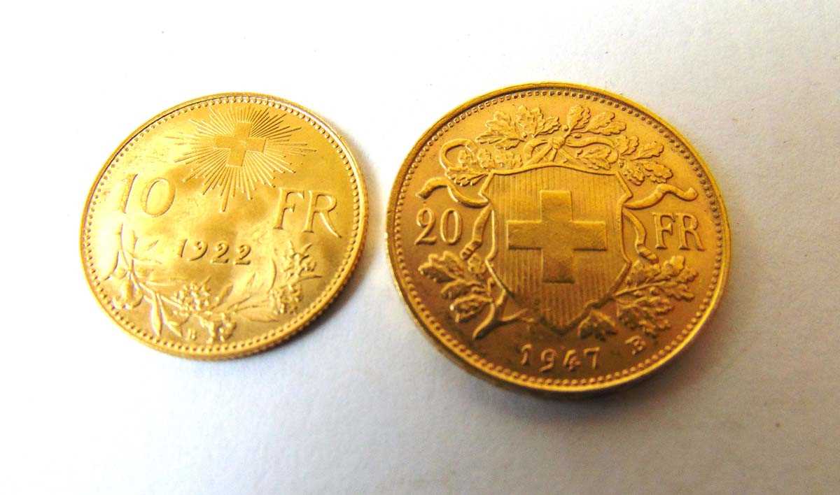 Swiss 20 & 10 franc gold coin, 1947 & 1922 respectively - Image 2 of 2