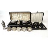 A silver cruet set, Edward Barnard & Sons Ltd, London 1931; a set of six sterling silver coffee bean