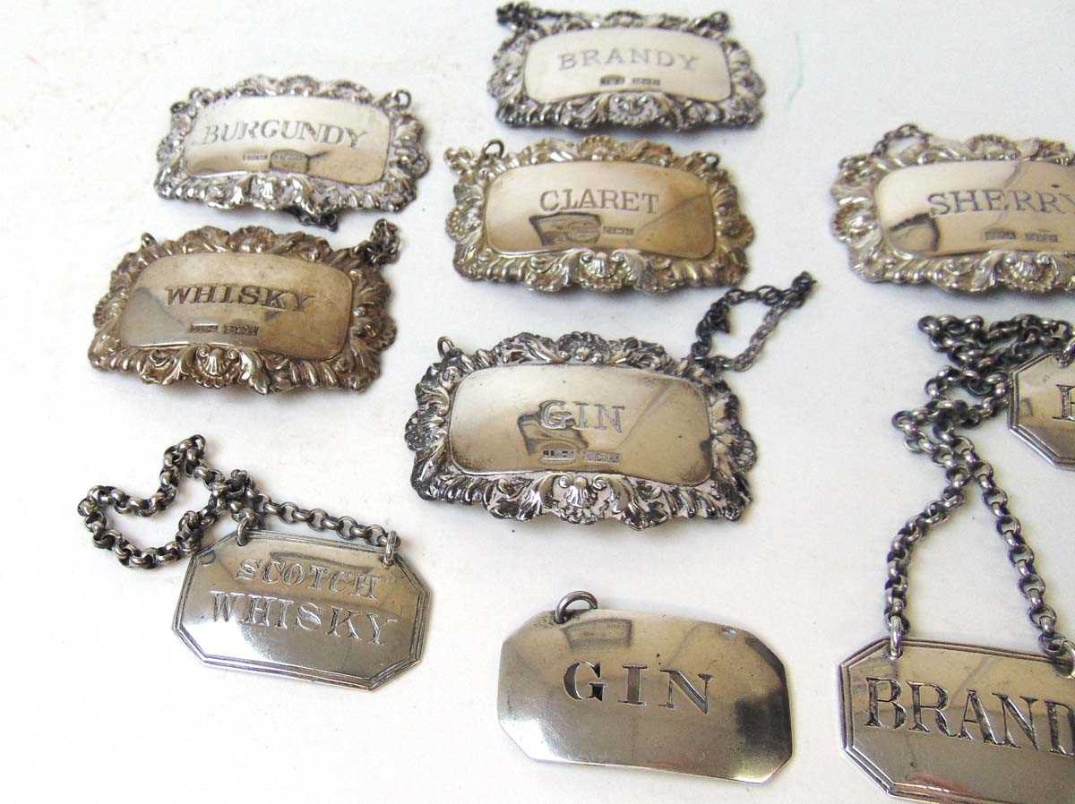 A collection of silver spirit labels, comprising a set of three for, Charles Stuart Harris, London - Image 3 of 5