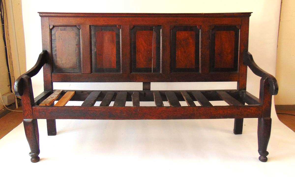 A George III oak and mahogany crossbanded five panel settle, 185.5cm wide, 112cm high - Image 3 of 3