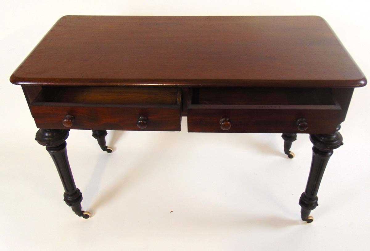 A Victorian mahogany side table, with two short drawers, one stamped Gillows, on gothic style legs - Image 4 of 4