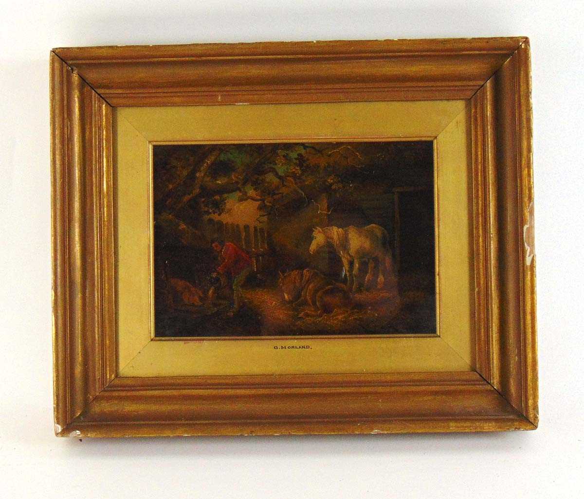 19th century English school after George Morland, stable exterior scene with farmhand feeding a - Image 4 of 4