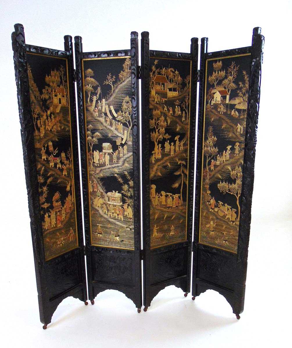 A late 19th century Chinese export embroidered four fold screen, each panel depicting a procession - Image 2 of 22