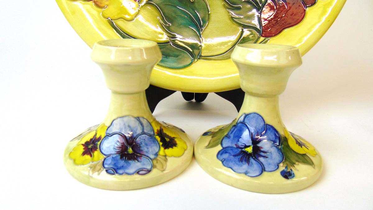 A large Walter Moorcroft hibiscus pattern charger and a pair of pansy pattern dressing table - Image 3 of 3