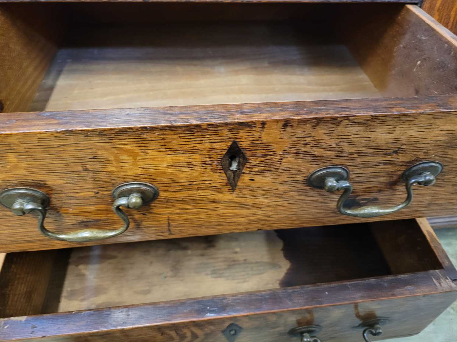 A George III oak Welsh dresser, with cavetto moulded pediment above the boarded back with three - Image 19 of 39