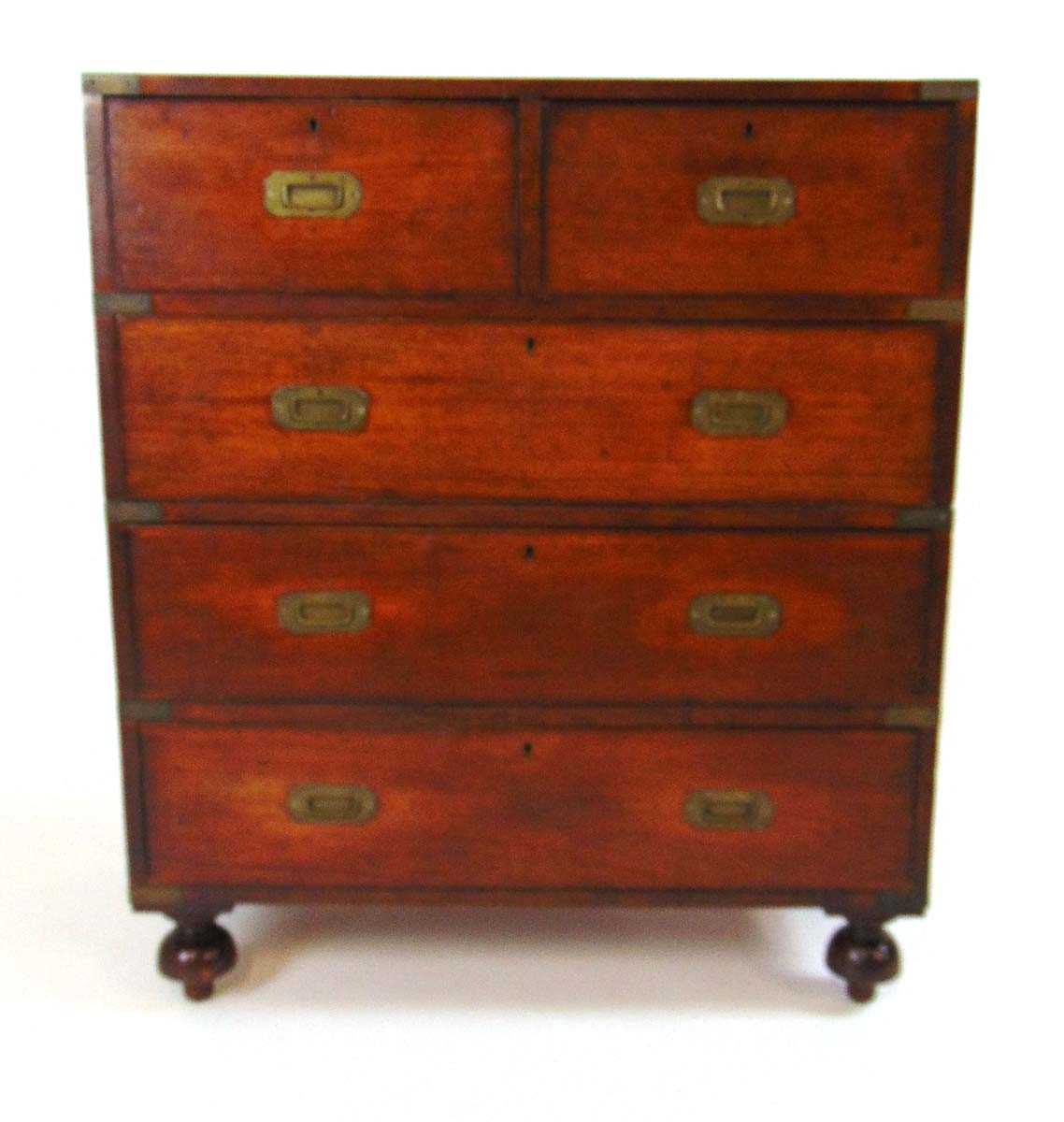 A 19th century mahogany and brass bound two part campaign chest, with two short over three long - Image 3 of 29