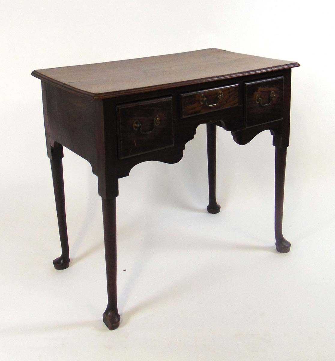 A George III oak lowboy, the top with moulded edge above three short drawers, on straight cabriole - Image 3 of 3