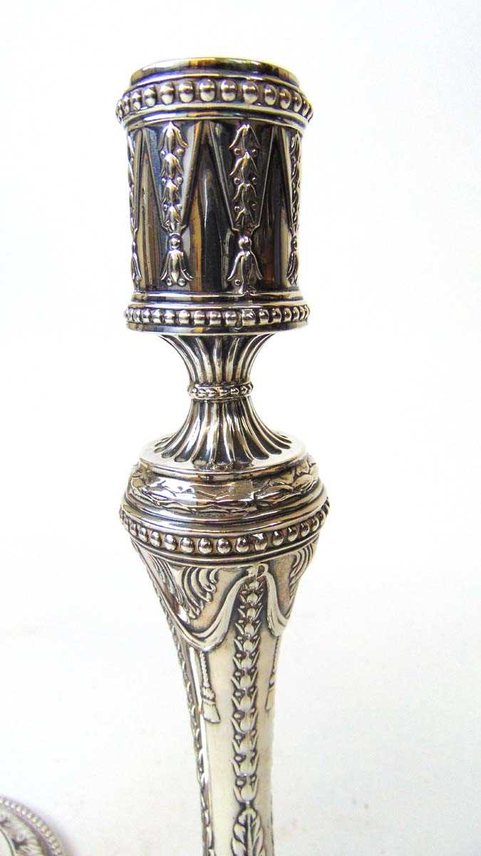 A pair of late Victorian classical revival silver candlesticks, one struck for George Howson 1894, - Image 2 of 3