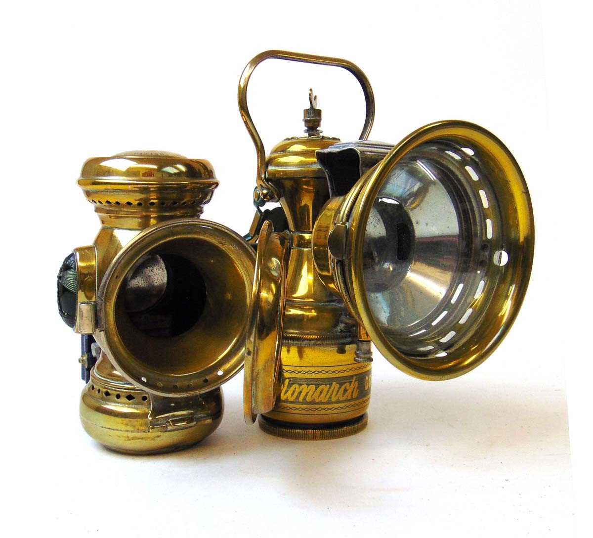 A Miller & Co Ltd 'Excelite' and 'Monarch' carbide bicycle lights, the Excelite with red and green - Image 2 of 3