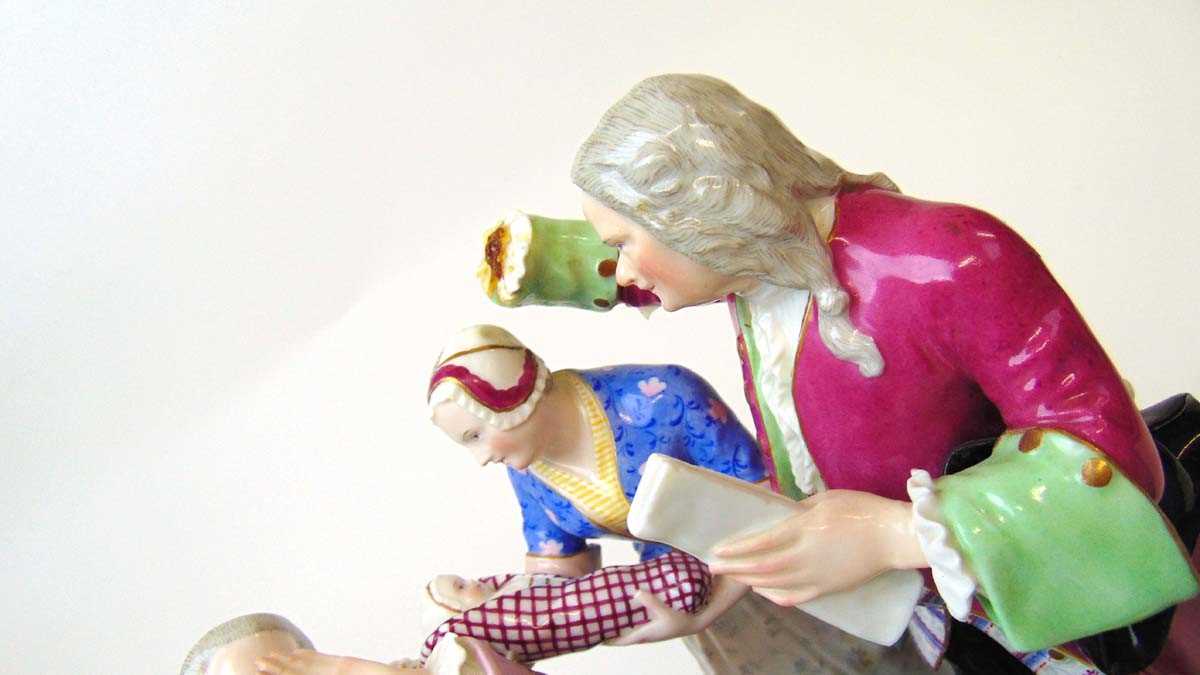 A Meissen porcelain satirical group, 19th century, after the original by J J Kandler, modelled as - Image 3 of 7