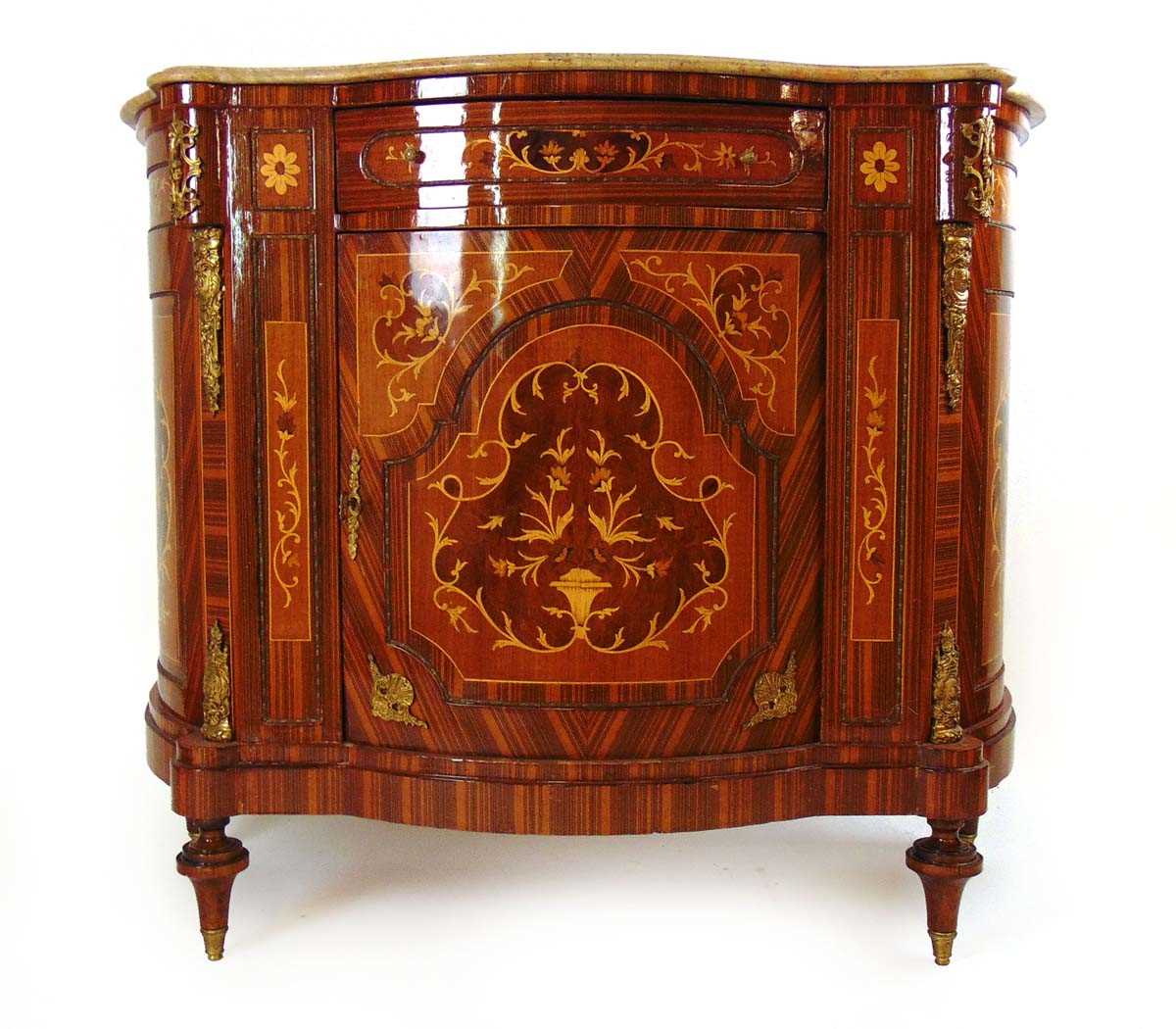 A Louis XV style kingwood veneered, and inlaid, serpentine pier cabinet, 20th century, with marble - Image 2 of 4