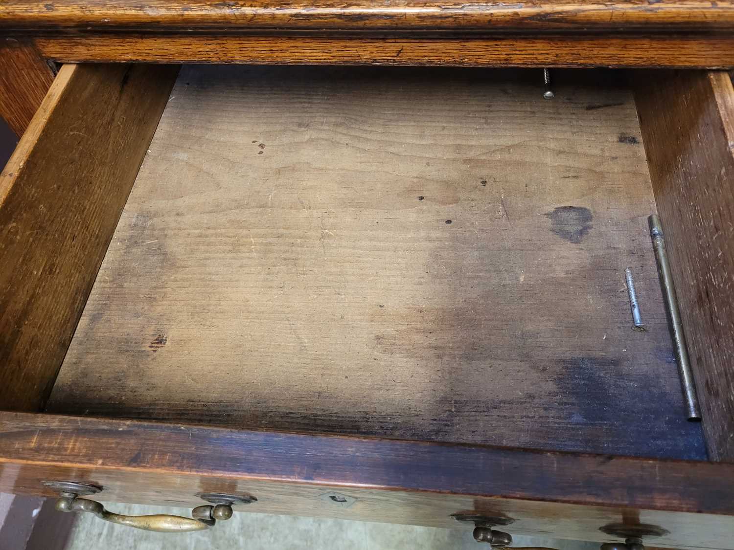 A George III oak Welsh dresser, with cavetto moulded pediment above the boarded back with three - Image 7 of 39