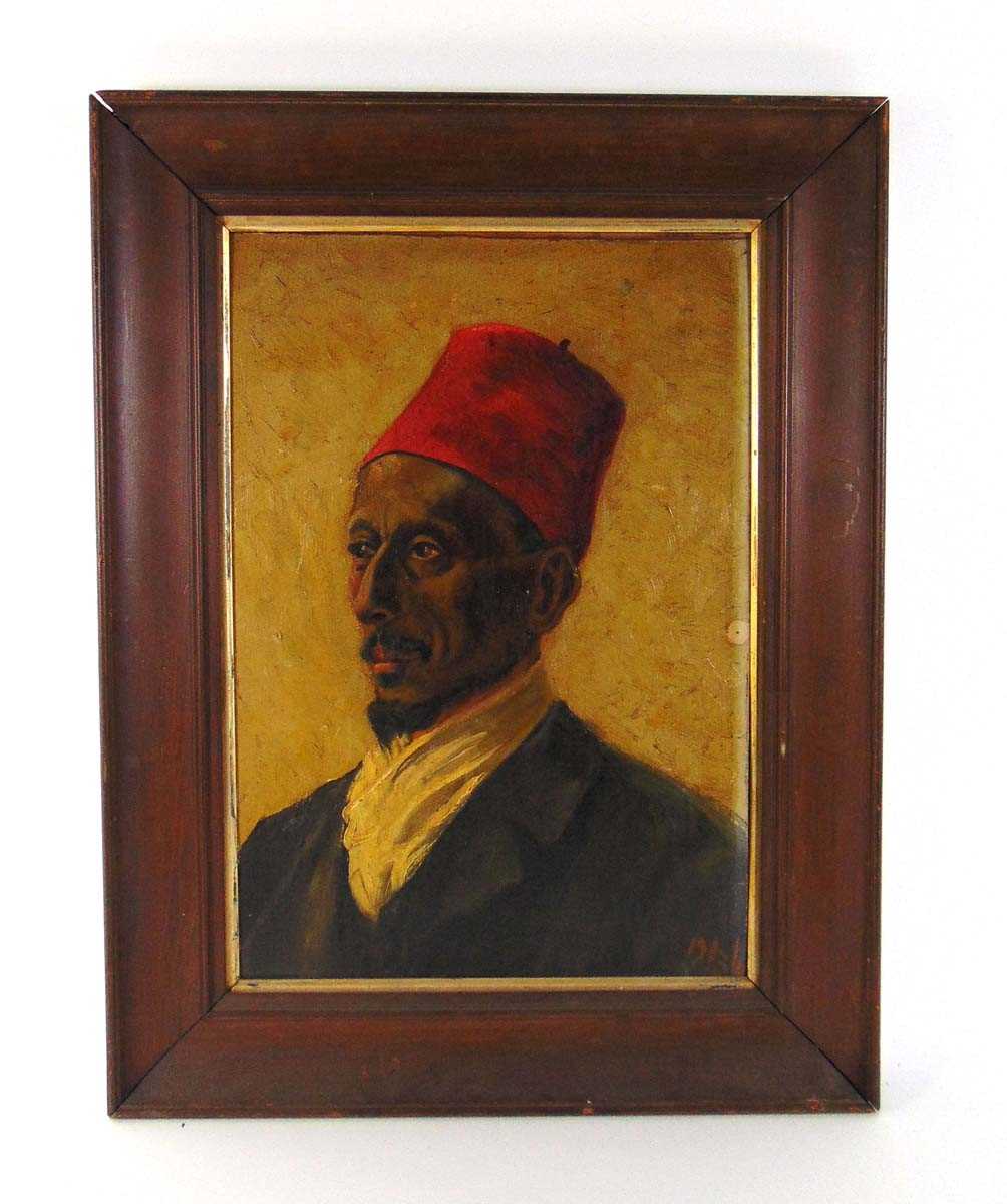 English school, early 20th century, portrait of a North African gentleman wearing a Taboosh, oil