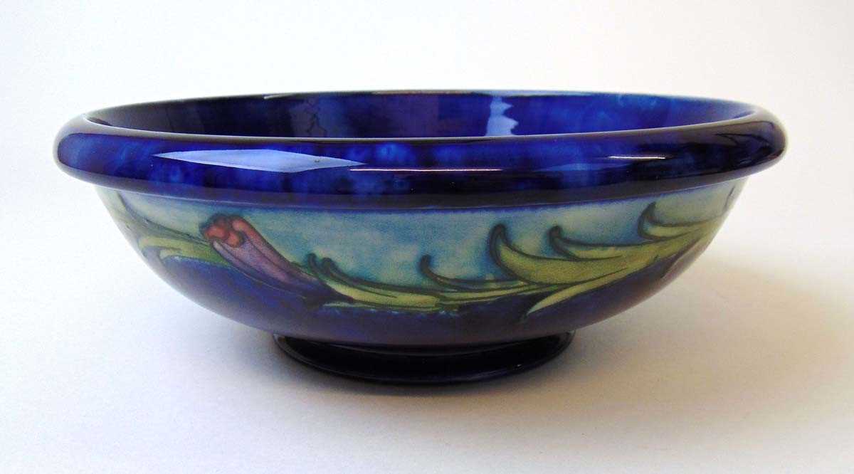 A William Moorcroft Pansy pattern fruit bowl, early to mid 20th century, on a cobalt blue ground, - Image 2 of 5