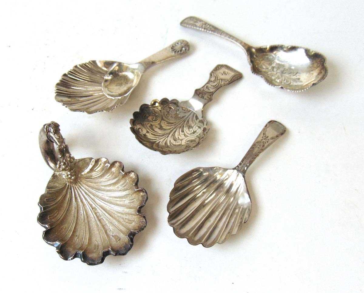 Five silver tea caddy spoons, makers comprising, George Unite, Birmingham,1860; Taylor & Perry,