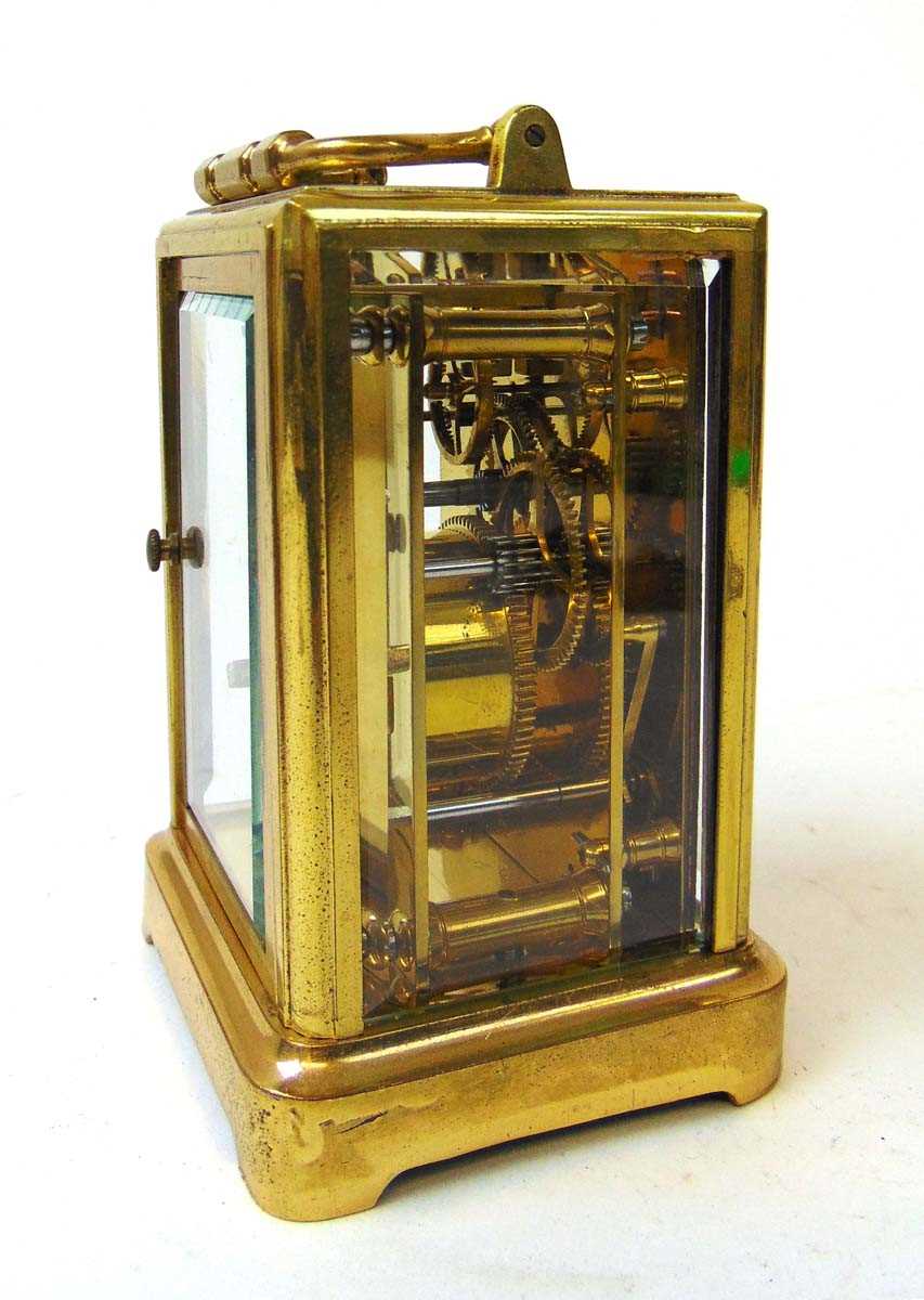 A French brass cased calendar carriage clock timepiece, late 19th/early 20th century, with - Image 3 of 4