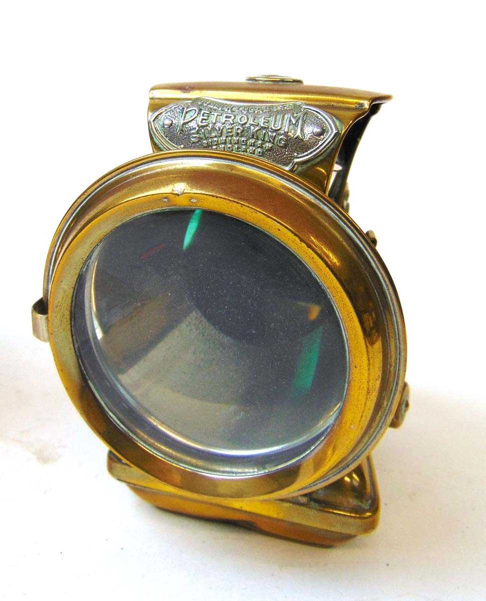 A Lucas Aceta major nickel plated carbide bicycle lamp, with green side lenses, 16cm; a brass - Image 2 of 7