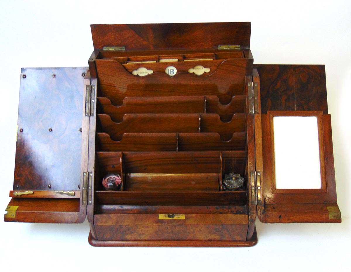 A Victorian walnut stationery cabinet, with two well figured sloping doors opening to reveal a - Image 4 of 5