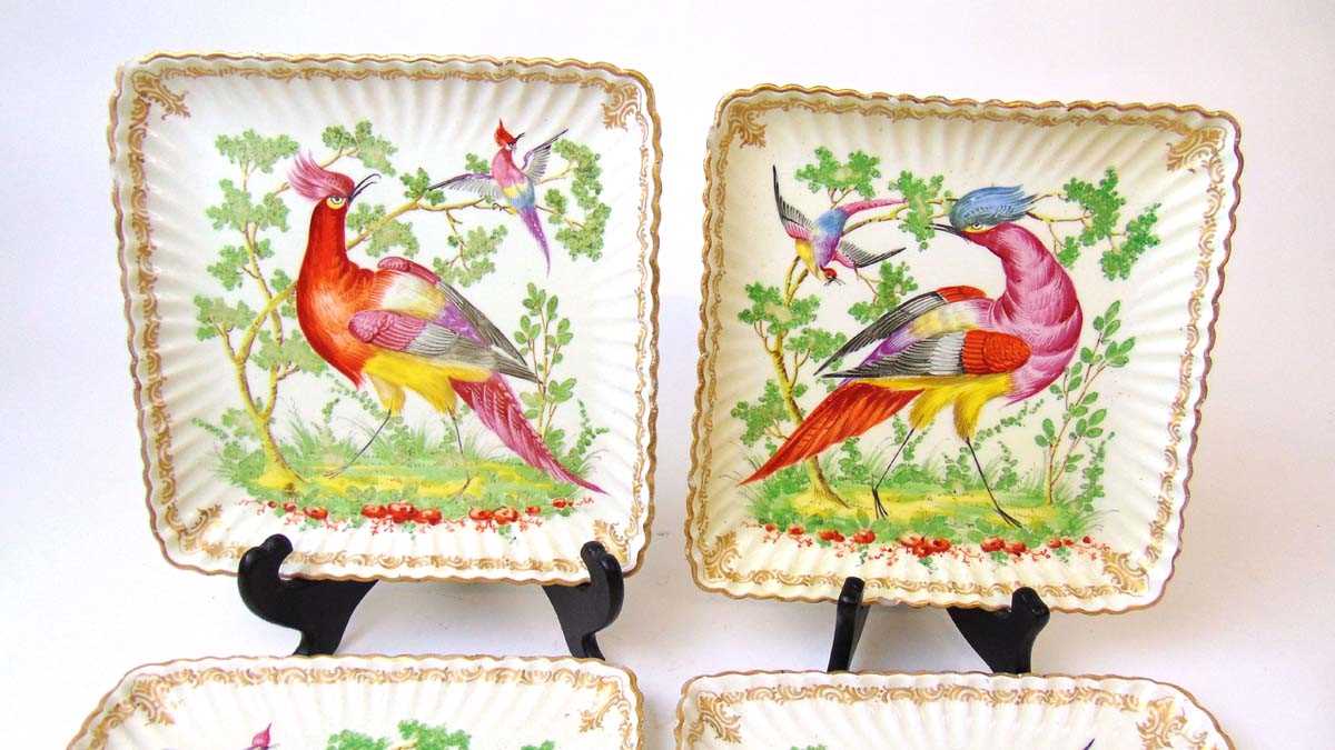 A set of four Chelsea style square plates, the finely potted earthenware dishes with scalloped - Image 2 of 4