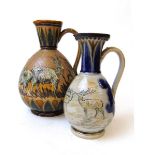 A Doulton Lambeth stoneware ewer by Hannah Barlow, the neck and handle with incised leaf designs,