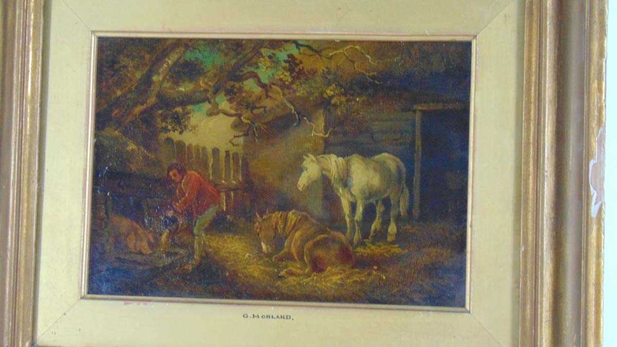 19th century English school after George Morland, stable exterior scene with farmhand feeding a - Image 3 of 4