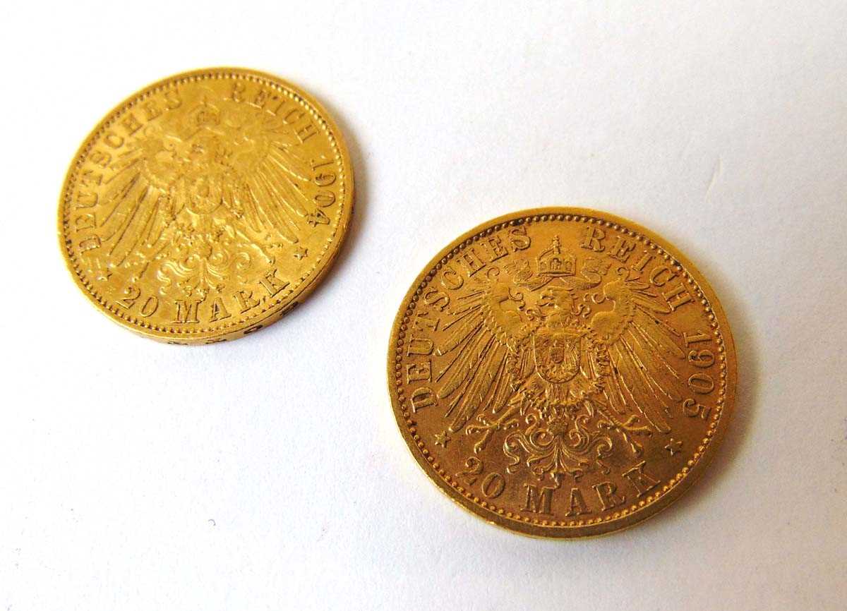 Kingdom of Prussia, Wilhelm II, 2 x gold 20 Deutches Reich Mark, 1904 & 1905, A, Berlin - Bild 2 aus 2