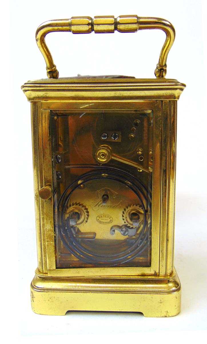 A French brass carriage clock, the eight day movement with repeater action, chiming on a single - Image 3 of 4