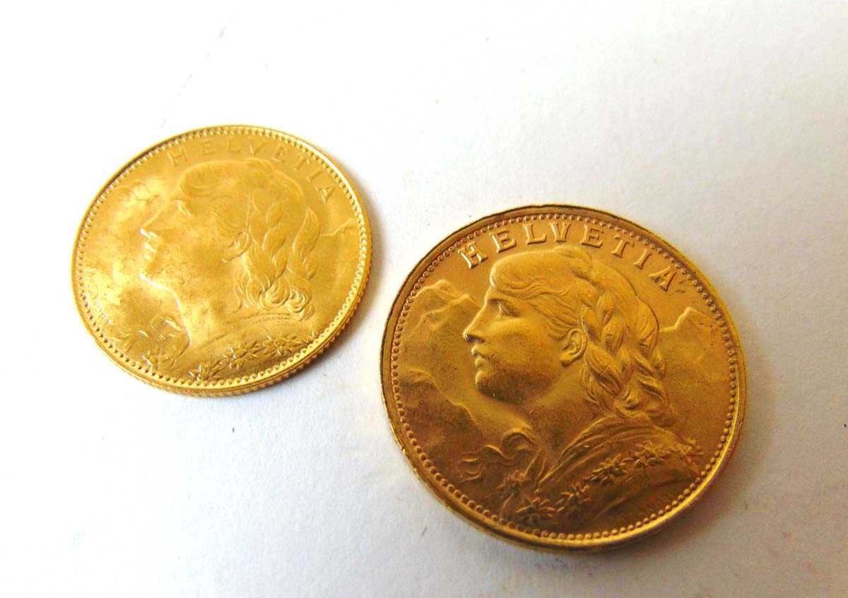 Swiss 20 & 10 franc gold coin, 1947 & 1922 respectively