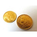 Swiss 20 & 10 franc gold coin, 1947 & 1922 respectively