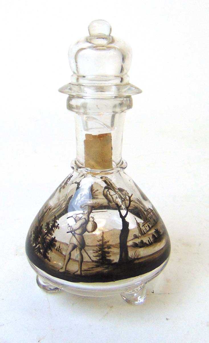 A Lobmeyr glass scent bottle and stopper, schwartzlot decorated with a soldier on horseback and a - Image 2 of 3