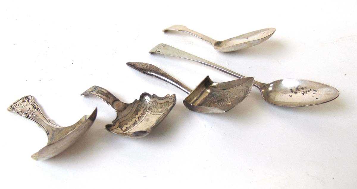 Four early 19th century silver tea caddy spoons, and a Georgian silver teaspoon, various dates and - Image 3 of 4