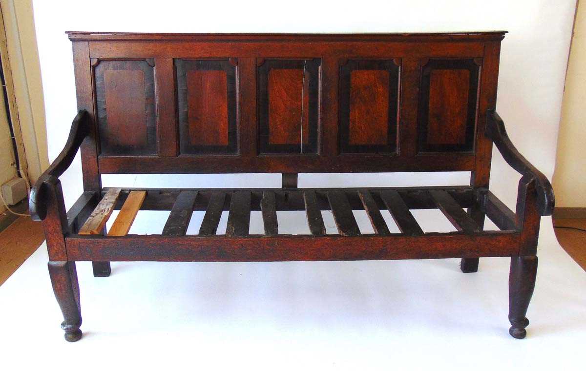 A George III oak and mahogany crossbanded five panel settle, 185.5cm wide, 112cm high - Image 2 of 3