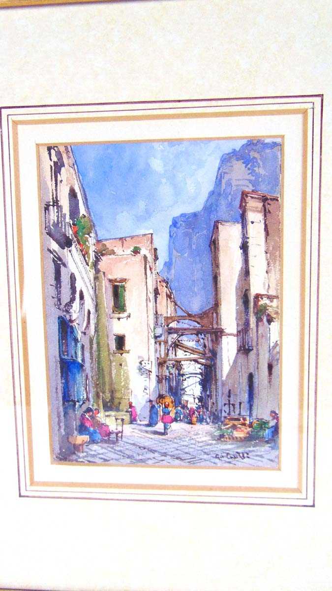 Gabriele Carelli (Italian, 1820 - 1900), a north Italian street scene overlooked by mountains, - Image 2 of 3