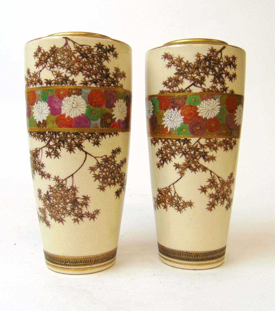 A pair of Japanese satsuma vases, Taisho period, of tapering cylindrical form, the shoulder - Image 3 of 4